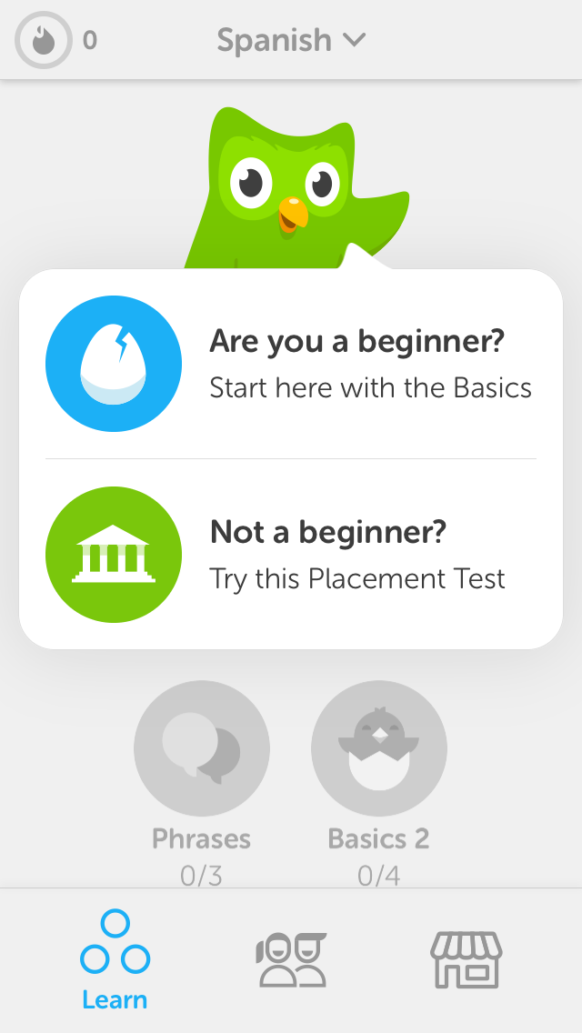 The user's option to take the placement test or start from the beginning of the course