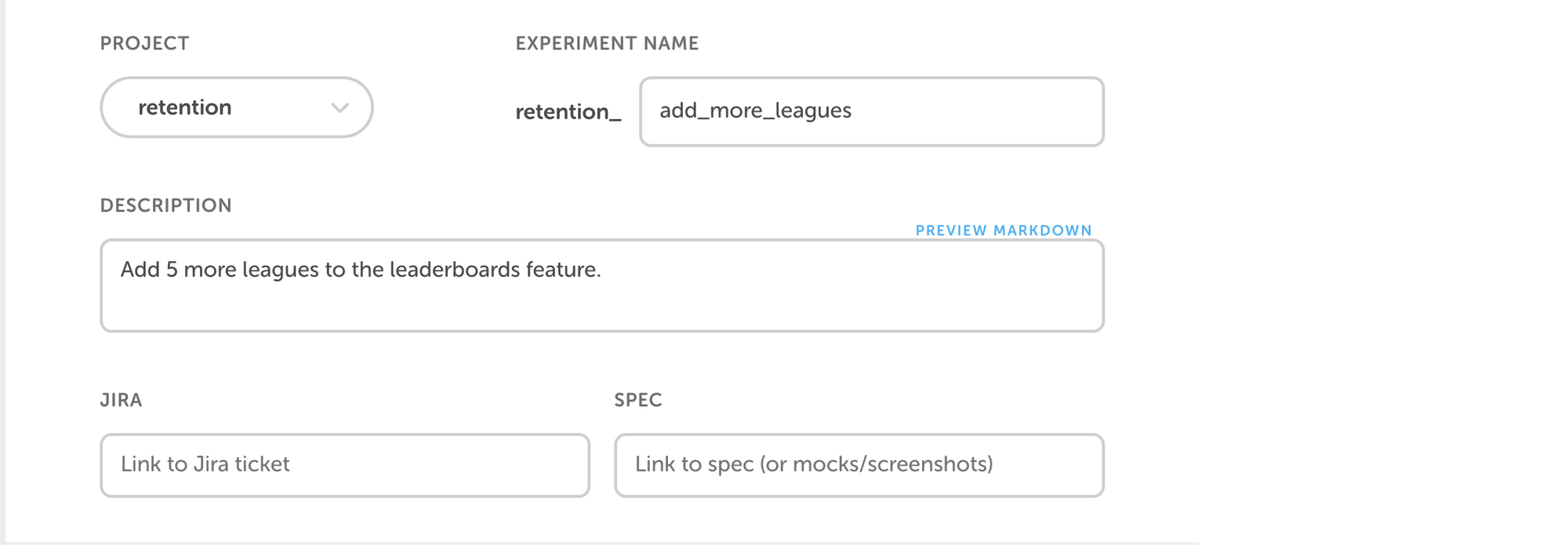 Experiment creation page (name and description)