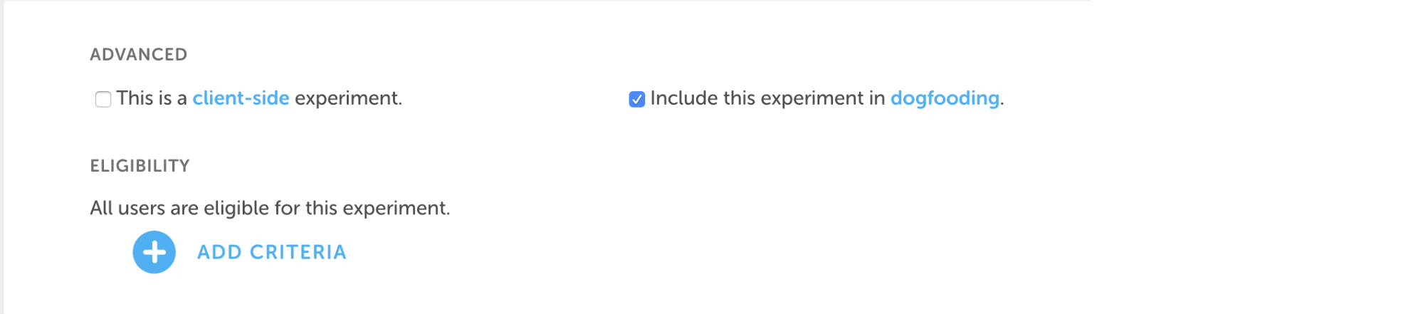 Experiment creation page (eligibility)