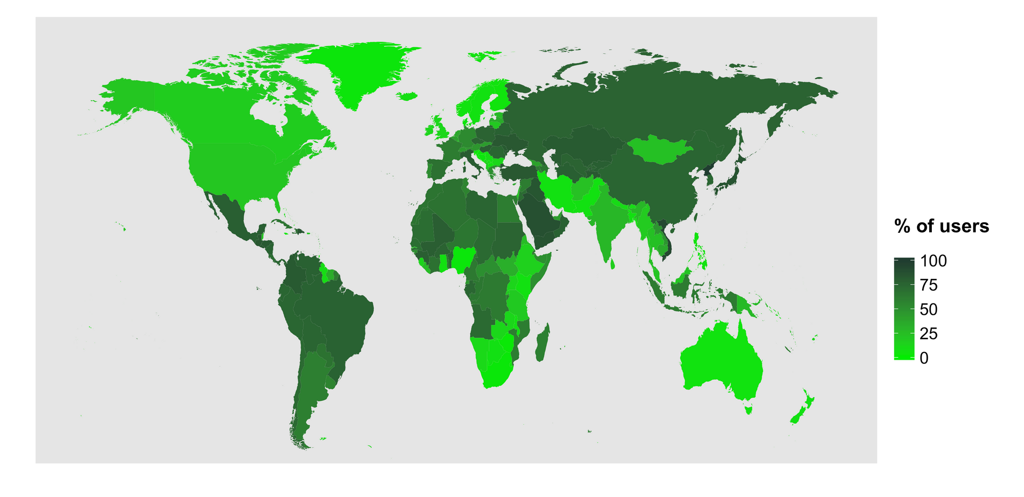 The percentage of Duolingo users learning English in each country