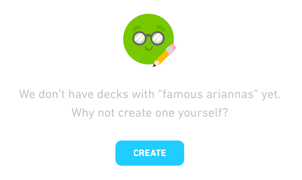 When no search results are found, Tinycards prompts users to create their own decks.