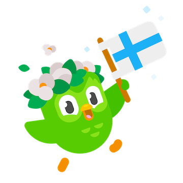 Image of Duolingo Owl holding the Finnish flag