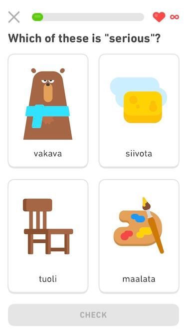 Example of vocabulary exercise in Finnish on Duolingo