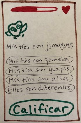 Captura de pantalla dibujado a mano de un ejercicio en el estilo Duolingo