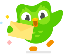 Image of Duo the owl holding a yellow envelope with sparkles around it and one wing waving in the air excitedly