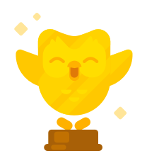 Image of the Duolingo owl in gold, standing on a base as a trophy. His wings are raised up by his head in triumph and there are little gold sparkles around him.