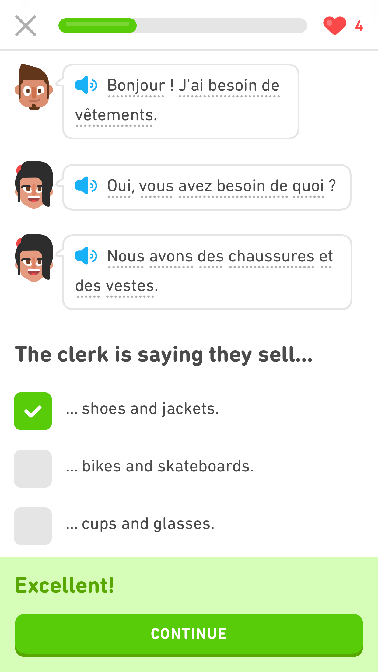 screenshot of a Duolingo Story in French showing a written conversation between two people, represented by speech bubbles, and a comprehension check question that is graded correct