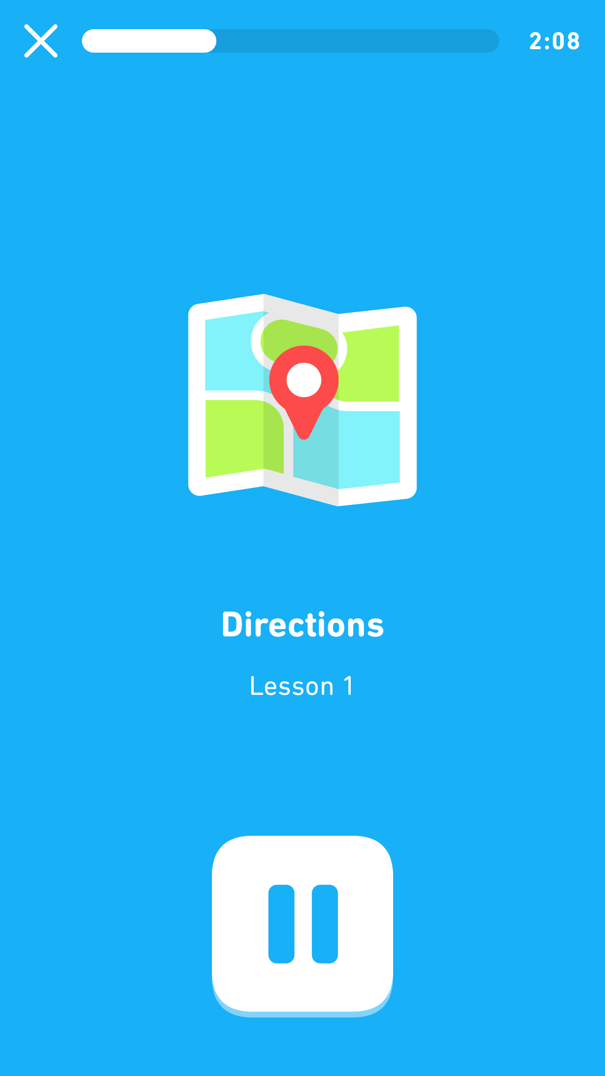 Screenshot of an audio lesson. The screen is all blue and in the center is a folded map. Under the map is the lesson title, "Directions," and the lesson number, "Lesson 1." At the bottom is a large pause button.