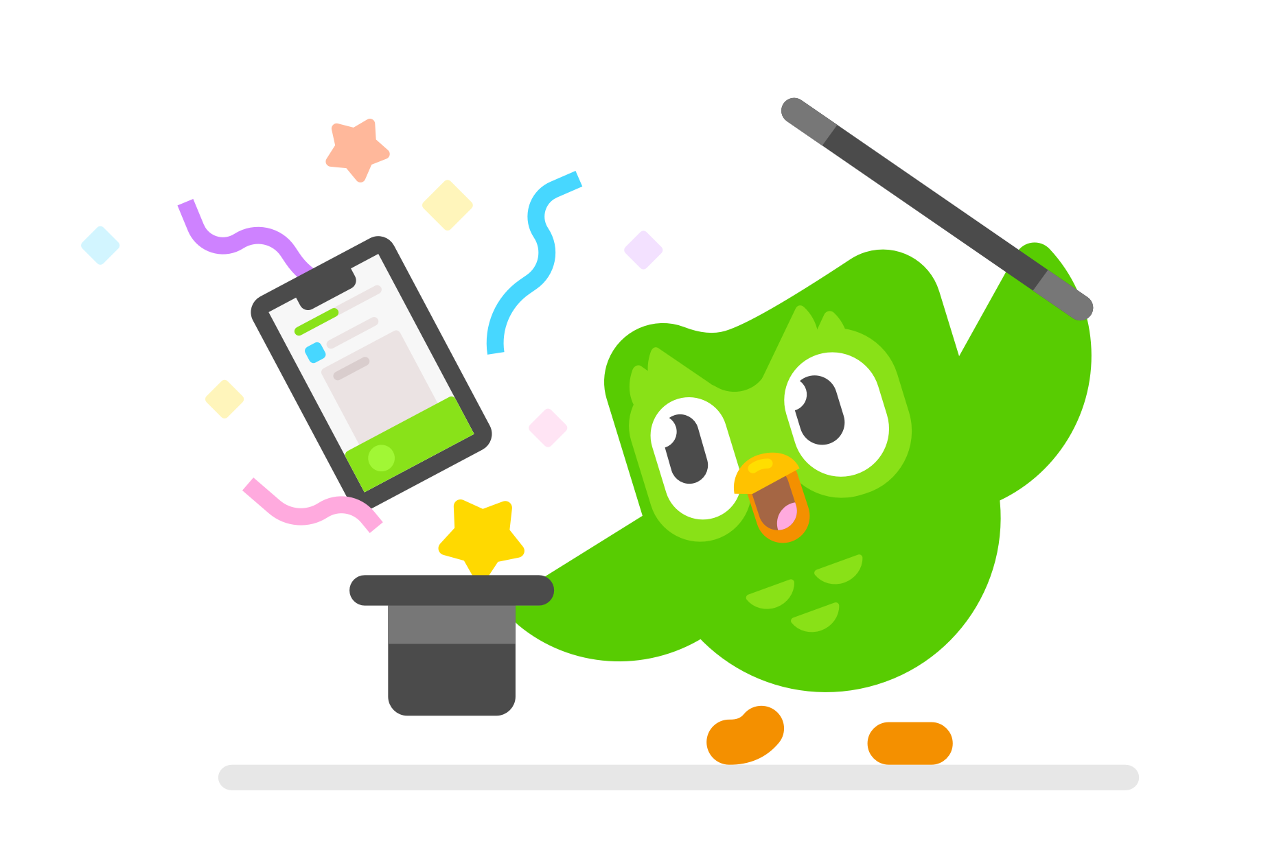 image of Duo owl holding a magic hat and a magic wand and watching a mobile phone with a Duolingo lesson jump out of the hat with stars and sparkles around it