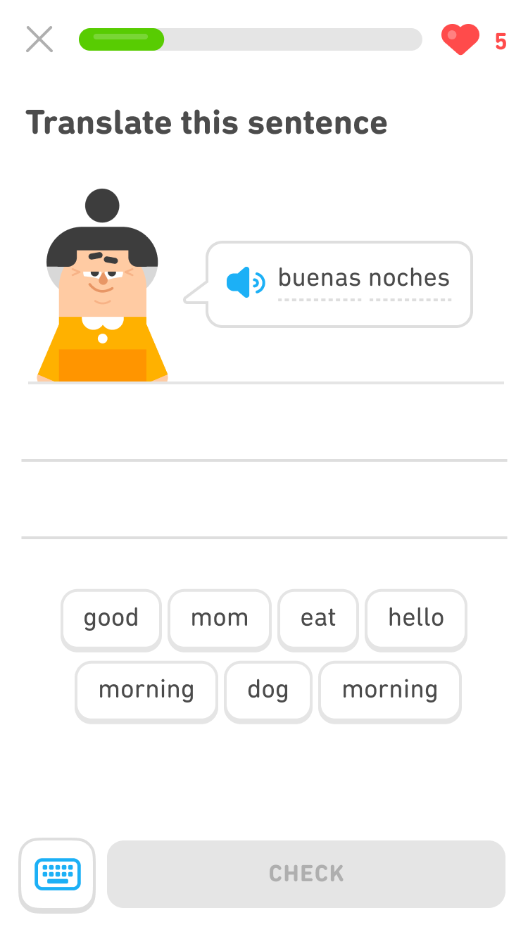Screenshot of the same exercise as above, with the prompt "Translate this sentence" and an image of the Duolingo character Lin and a speech bubble saying "Good evening." At the bottom is a word bank of seven Spanish words. To the left of the gray "Check" button is a blue icon of a computer keyboard.