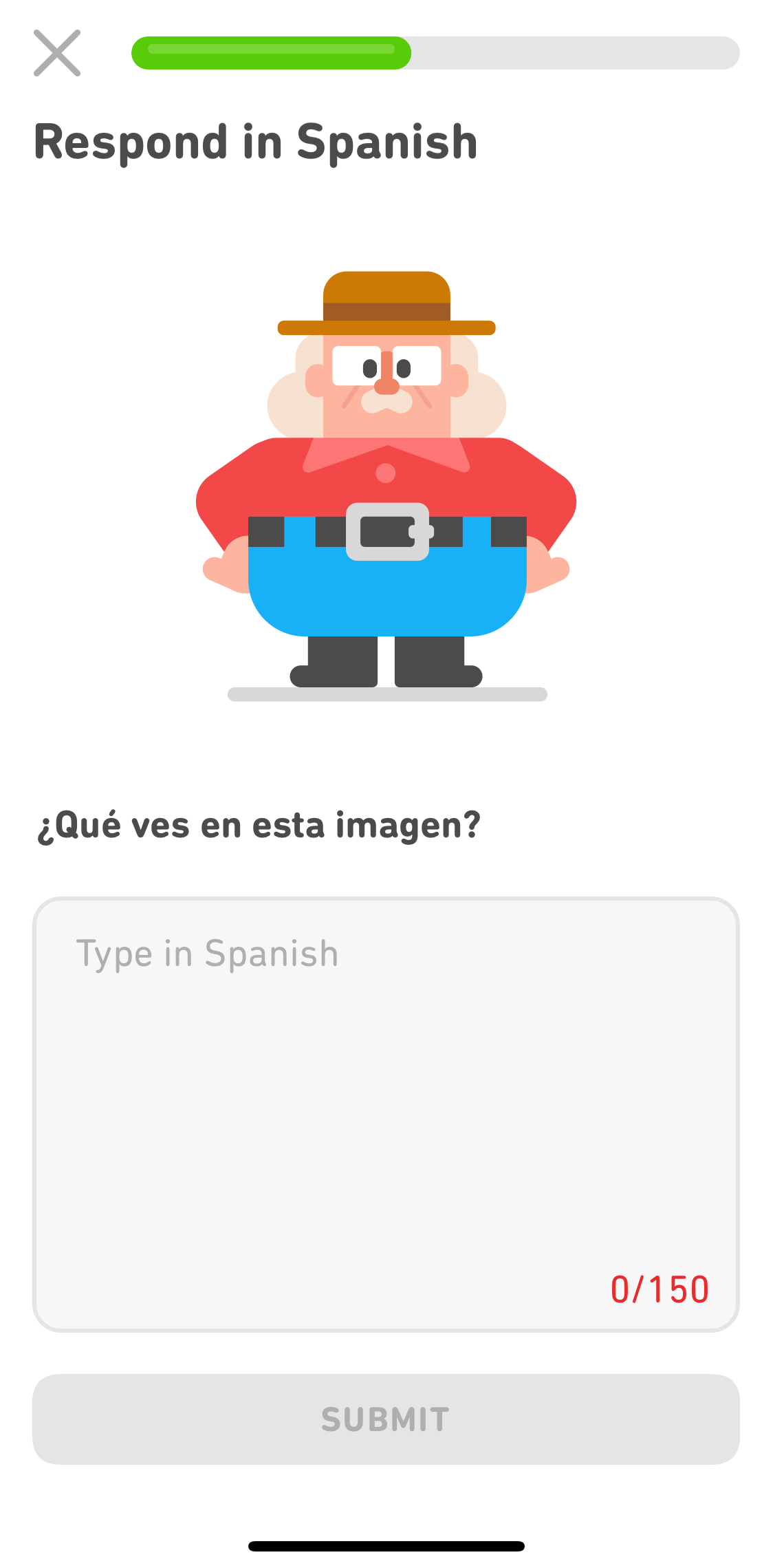 Screenshot of an exercise with the prompt 'Respond in Spanish' and a large image of a white man with long, wavy white hair, a mustache, a brown park ranger hat, a long-sleeved red button-down shirt, blue pants, a black belt with a large silver buckle, and black boots. His hands are on his waist. Under the image is a question in Spanish and a large blank box for the learner to type the word in Spanish.