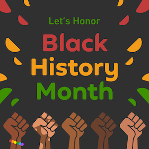 Square image with a black background and words written in red, green, and yellow-orange. Small text at the top center reads "Let's celebrate" and large text centered in the square reads "Black History Month", and each word of "Black History Month" is in a different color. Surrounding the center text are half-circle shapes like confetti in red, green, and yellow-orange. At the bottom of the square are five raised arms and closed fists in five different shades of dark pigmentation. The left-most fist is wearing a rainbow-colored beaded bracelet. The next fist has a mix of complexions.
