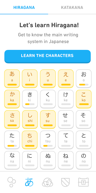 Image of the home screen for learning Japanese characters. At the top are two tabs for the two Japanese writing systems taught in the feature, hiragana and katakana. The hiragana tab is active, and underneath it is text that says "Let's Learn Hiragana! Get to know the main writing system in Japanese." Below the text is a large blue button that says "Learn the Characters." Below the button is a reference chart with five squares across and many rows down, with a Japanese hiragana character in each square. Most of the squares are white with a gray progress bar at the bottom, but four have a partially gold bar to indicate progress, and ten squares are completely gold. At the very bottom of the screen is the set of tab icons for navigating around Duolingo. From left to right, there is a set of three circles for the home tab, a Japanese hiragana character which is currently highlighted in blue for the characters tab, a face for the profile tab, a shield for the leagues tab, and a treasure chest for the shop tab.