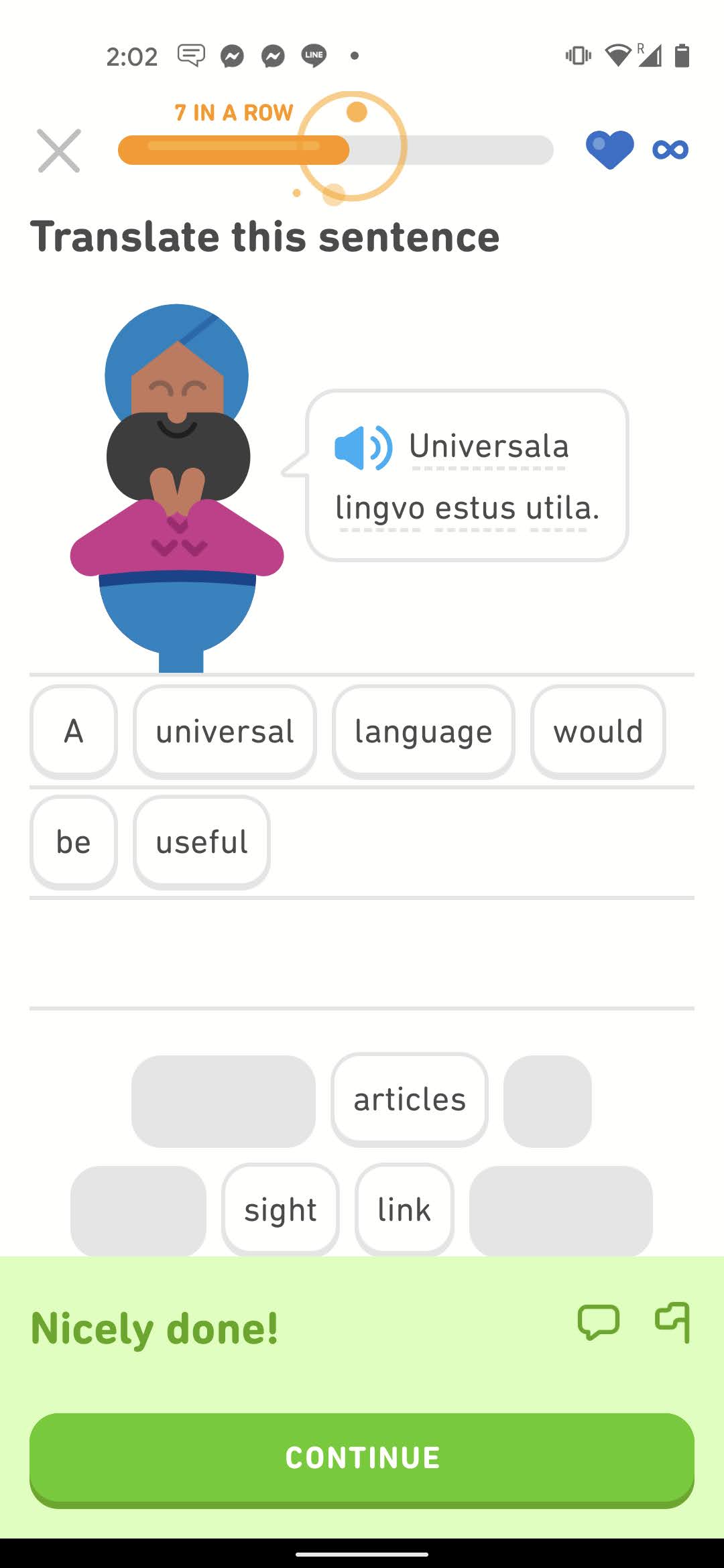 Screenshot of an exercise from Duolingo's Esperanto course. The Duolingo character Vikram says a sentence in Esperanto and below it in word tiles is the English translation: "A universal language would be useful."