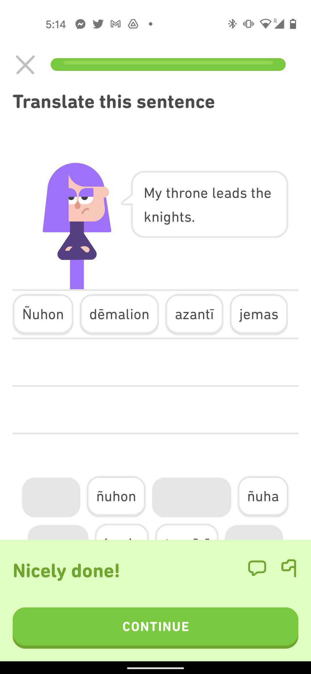 Screenshot of an exercise from Duolingo's High Valyrian course. The Duolingo character Lily says in English "My throne leads the knights." and the High Valyrian translation is spelled out below in word tiles.