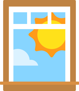 Ilustração de uma janela mostrando o céu azul-claro, um grande sol brilhante e uma nuvem fofinha de cor clara.