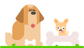 Ilustração de um cachorro grandão com um osso pequenininho ao lado de um cachorro pequenininho com um osso grandão.