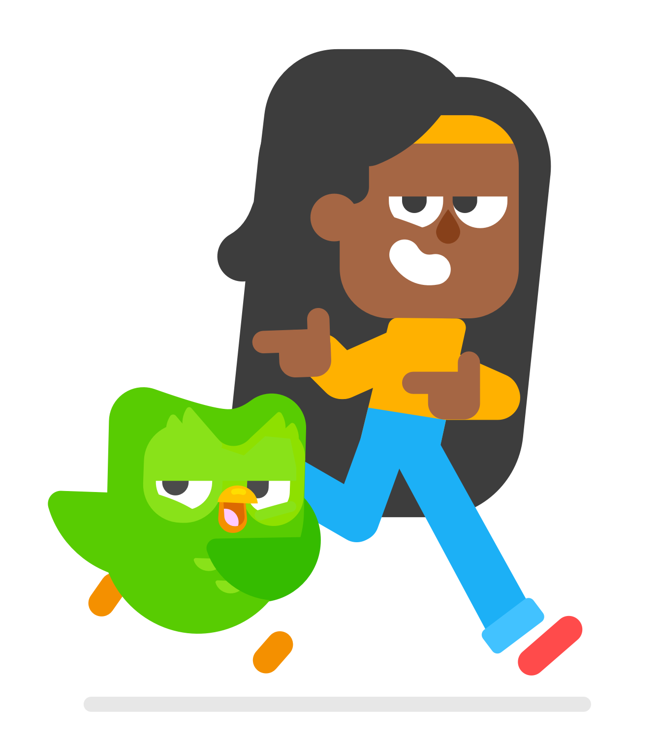 illustration of Duolingo character Bea, running alongside Duo the owl, both are grinning and pointing at the viewer with both fingers (wings)