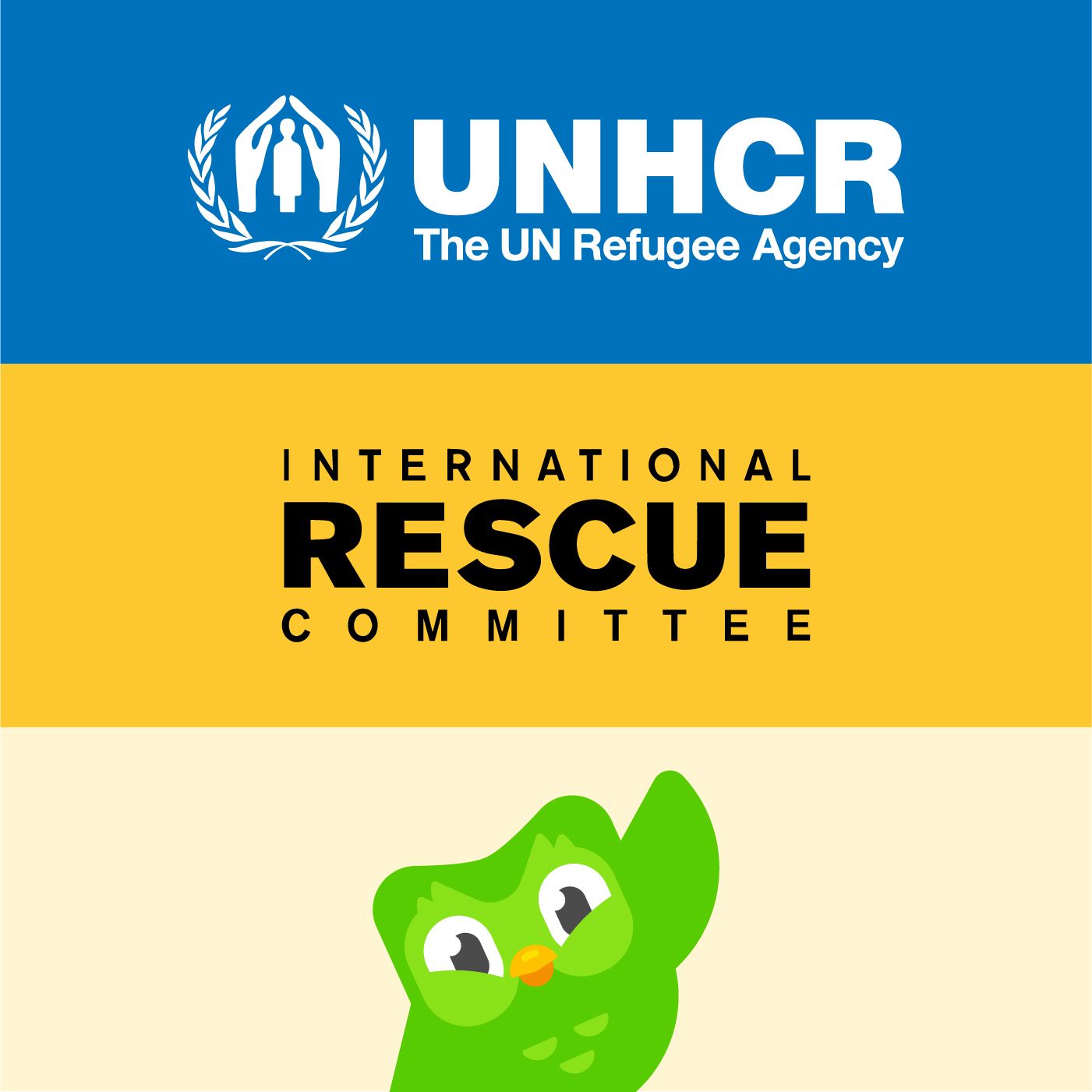 Ilustración dividida en tres bandas horizontales. La primera banda es azul y tiene el logo del Alto Comisionado de las Naciones Unidas para los Refugiados. La segunda es amarilla y dice "International Rescue Committee
". La última es gris y muestra a Duo saludando