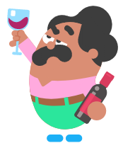 illustration of the Duolingo character Oscar, who is standing with a bottle of wine in one hand and is swirling a glass of wine in the other. He is studying the swirling glass carefully.