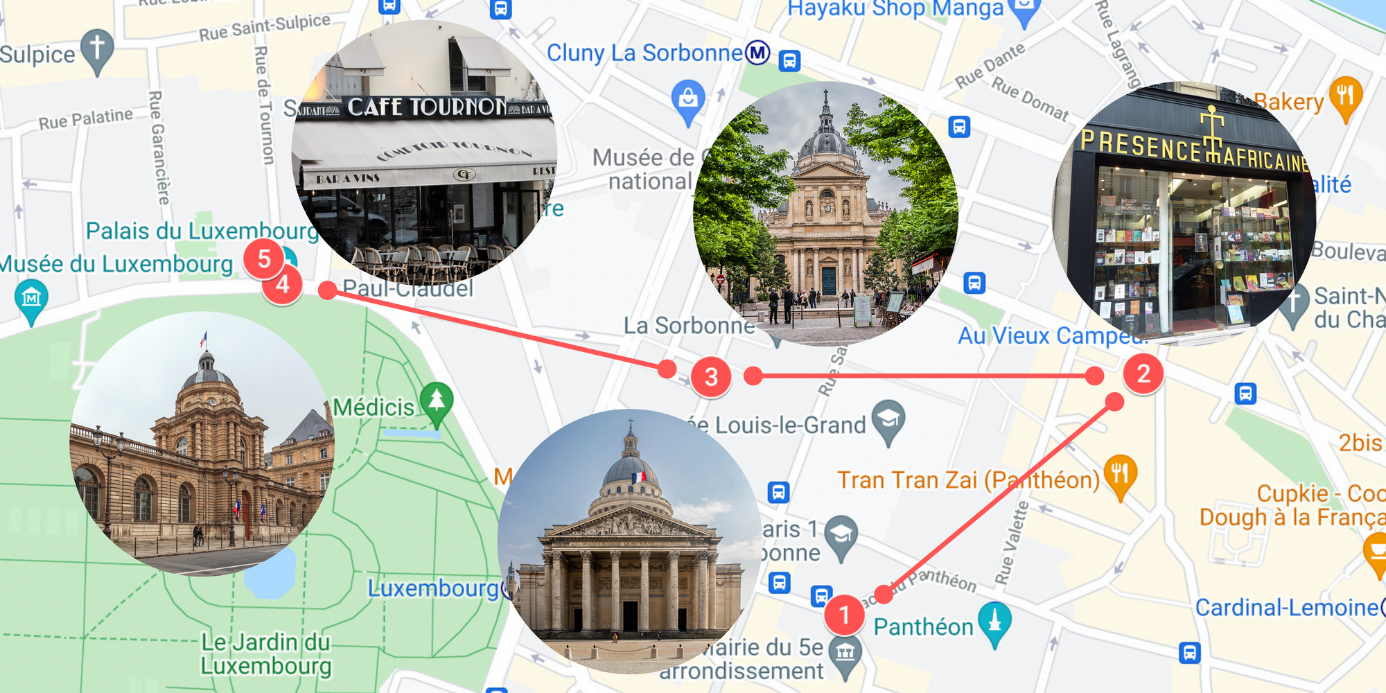 Screenshot of a Goole Map, zoomed in on a neighborhood of Paris. There are five locations numbered in red and red walking paths between them. Each of the five locations has a large, circular photograph of the actual site. The sites include cafés, stores, and buildings.