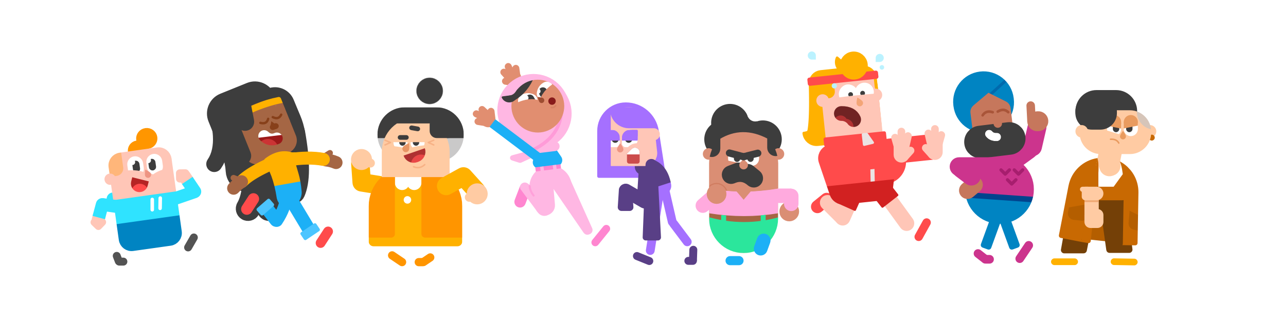 Captura de pantalla de los personajes de Duolingo. De izquierda a derecha tenemos a Junior, Bea, Lucy, Zari, Lily, Oscar, Eddy, Vikram, y Lin