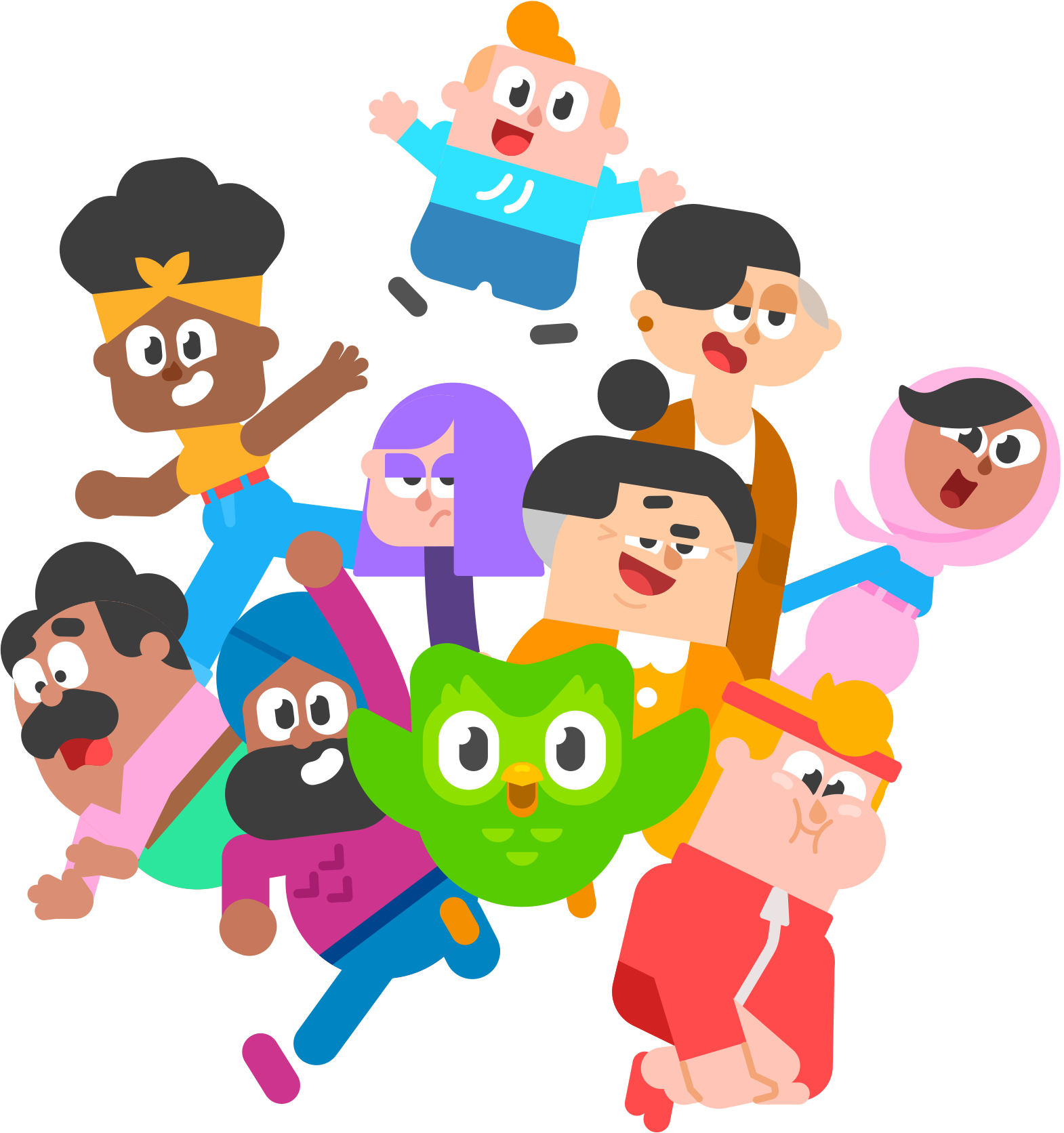 Illustration of Duolingo's eight characters and Duo the owl bursting energetically and colorfully from the center of the image. Duo is looking straight at the reader and everyone looks enthusiastic and excited.