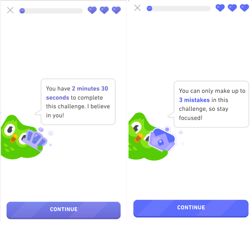 Capturas de pantalla de Duolingo en inglés que muestran a Duo explicando el nivel legendario, antes y después del cambio. Cambiando de lecciones contrarreloj a la izquierda, a lecciones con errorers limitados, a la derecha.