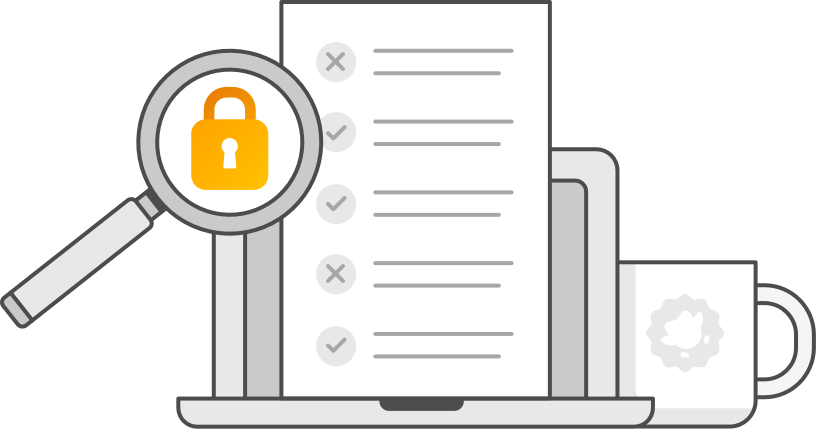 an illustration of a laptop computer; to the right is a magnifying glass in front of the computer screen, with an orange padlock in its lens, and to the left is a coffee mug with the Duolingo English Test logo