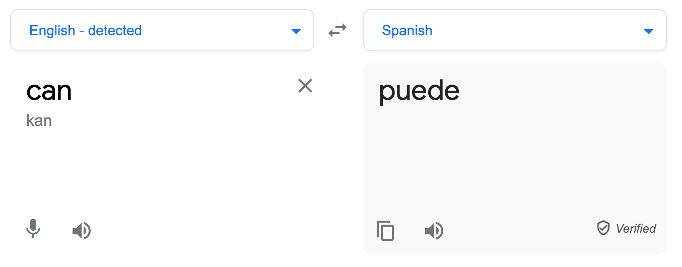 Screenshot of the Google Translate entry for "can". It returns the Spanish word 'puede'