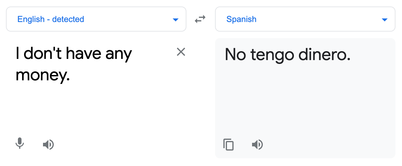Screenshot of the Google Translate entry for "I don't have any money". It returns the Spanish phrase 'No tengo dinero'