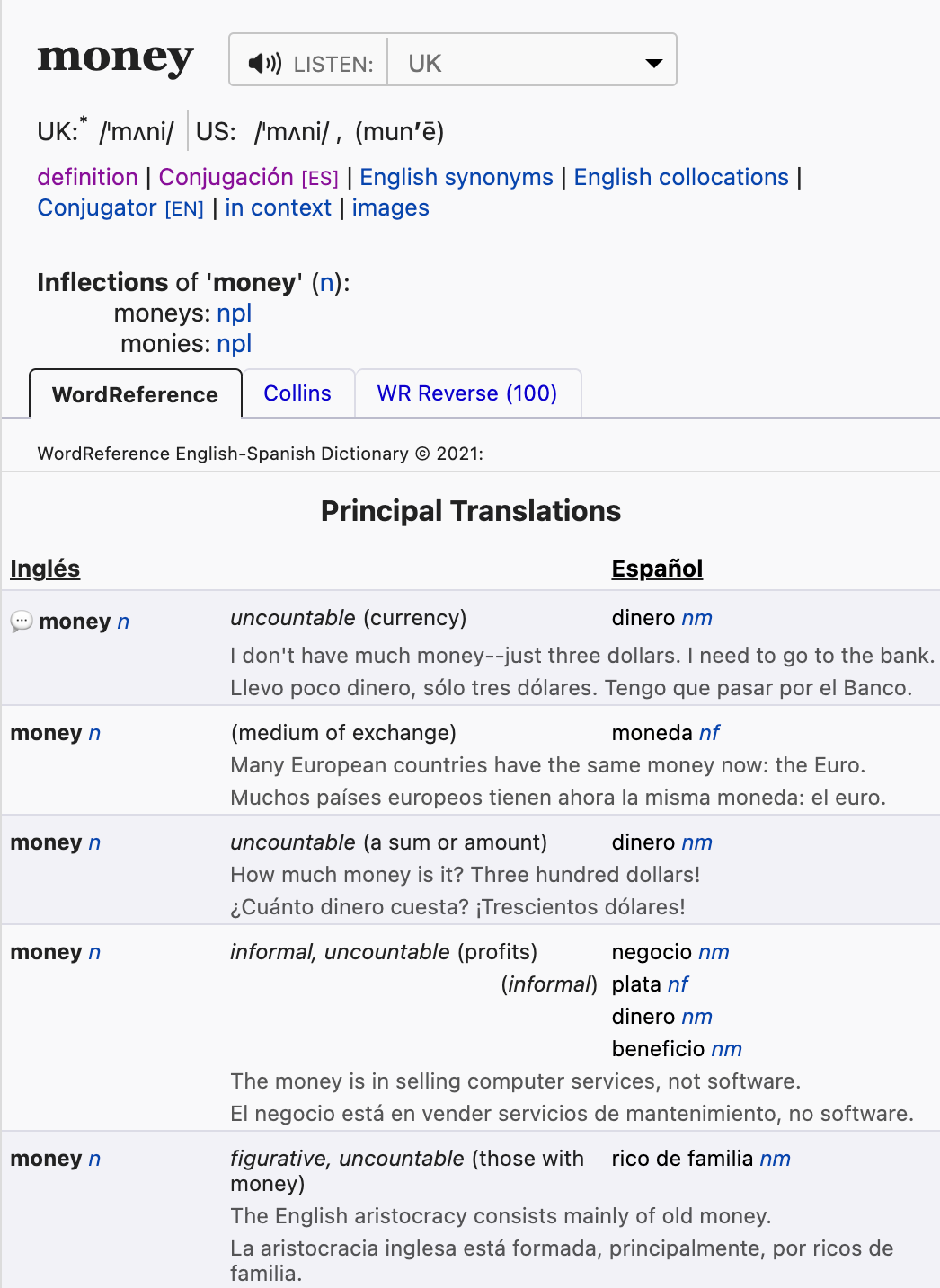 Screenshot of the WordReference.com entry for "money". It includes five different "Principle Translations" corresponding to different Spanish words.