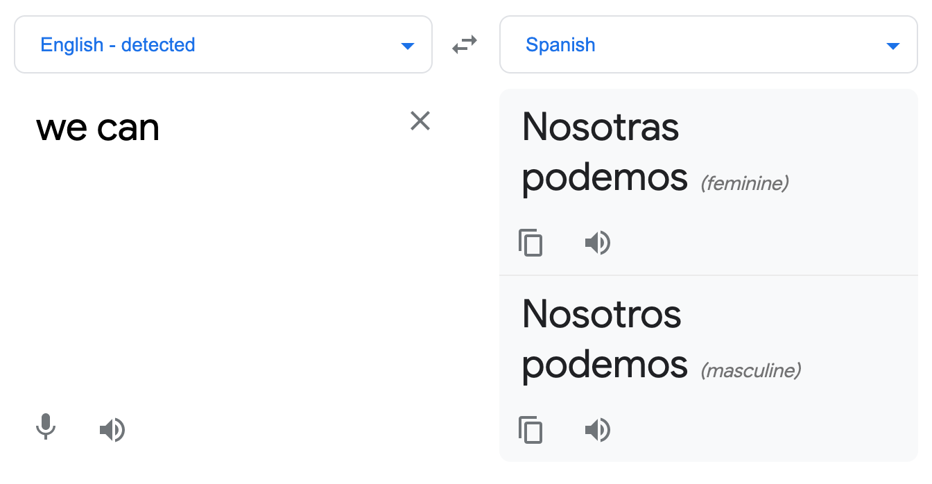Screenshot of the Google Translate entry for "we can". It returns the Spanish phrases 'nosotras podemos' and 'nosotros podemos'