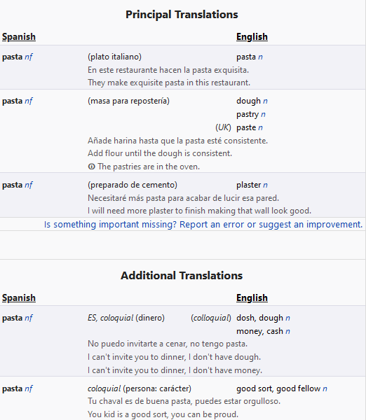 Captura de pantalla de la entrada de WordReference para “pasta”. Incluye varias “Traducciones principales” correspondientes a diferentes palabras del inglés.