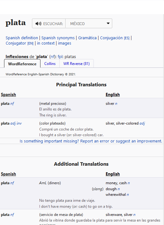 Captura de pantalla de WordReference.com para la búsqueda de “plata”. Incluye varias “Traducciones principales” correspondientes a diferentes palabras del inglés.