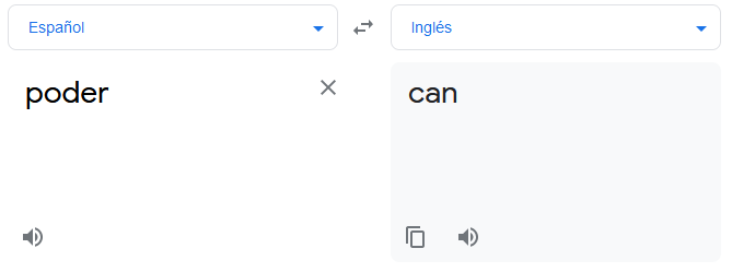 Captura de pantalla de la entrada de Google Translate para “poder”. La traducción al inglés que muestra es “can”