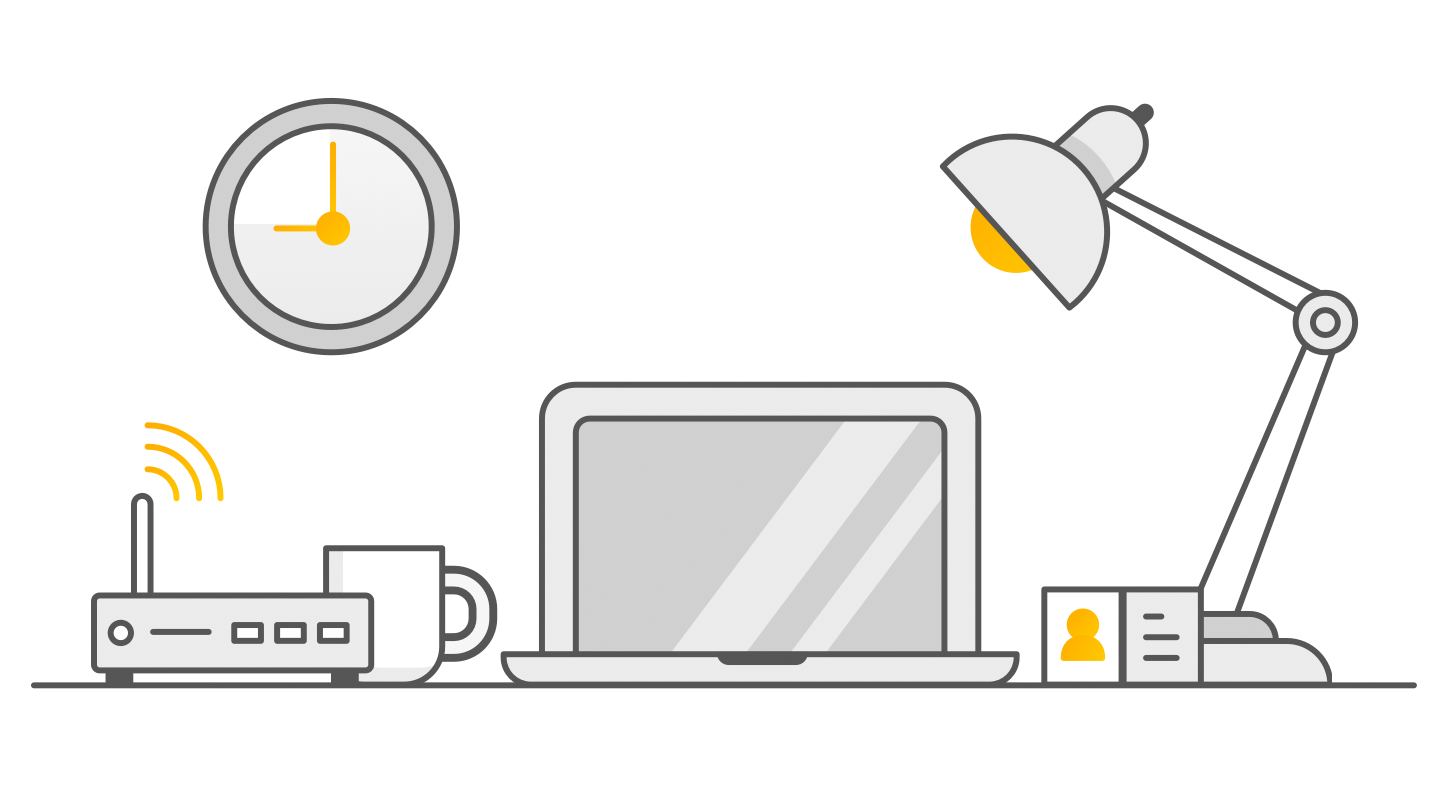 Imagen de un escritorio con una computadora portátil, una lámpara, un reloj y una taza de café
