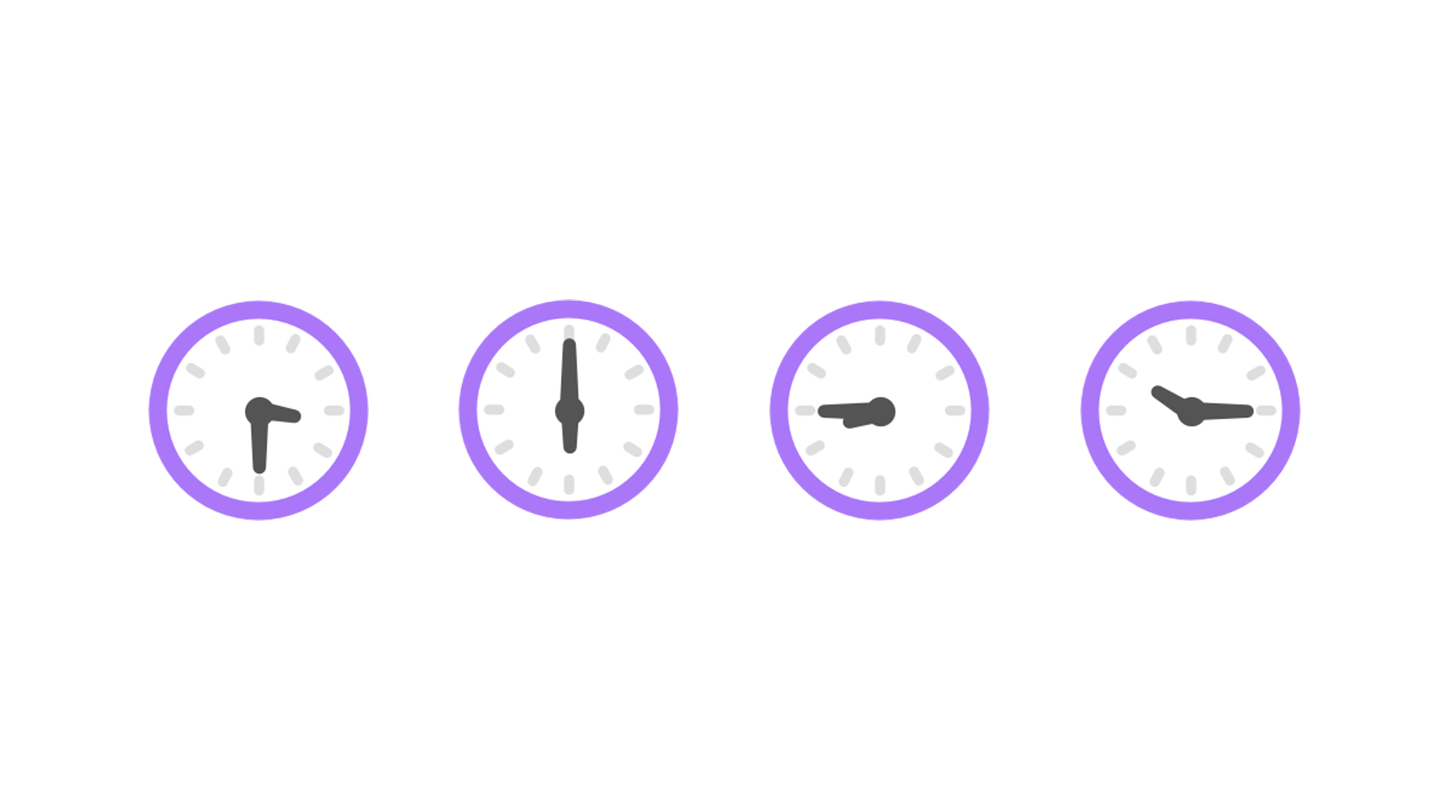 Illustration of four purple clocks, each showing a different time: 3:30, 6:00, 8:45, and 10:15