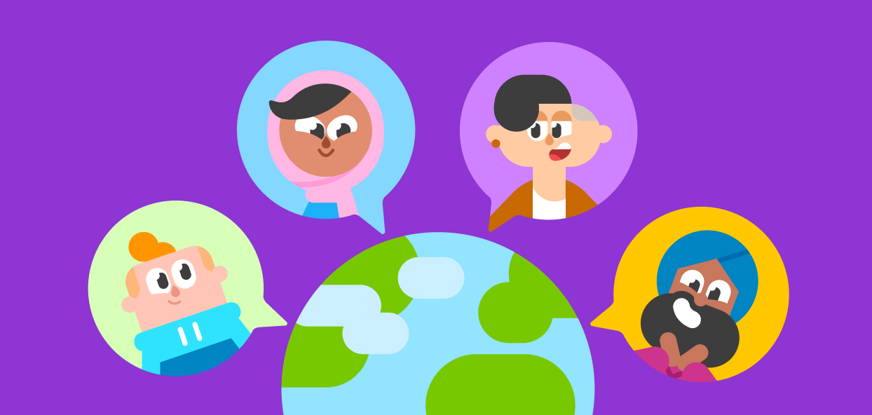 Personajes de Duolingo alrededor del planeta tierra