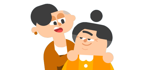 Illustration of Duolingo character Lin with her grandmother Lucy. They are looking at each other affectionately.