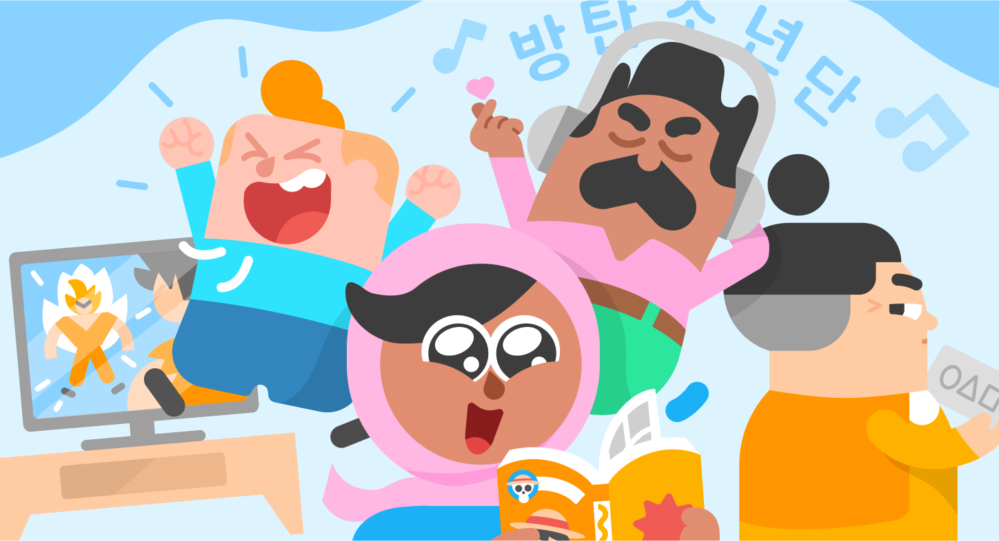 Image of Duolingo characters enjoying different pop culture inspired by Asian language, including a Manga comic, a Korean song, and Lucy is holding a Squid Game card.