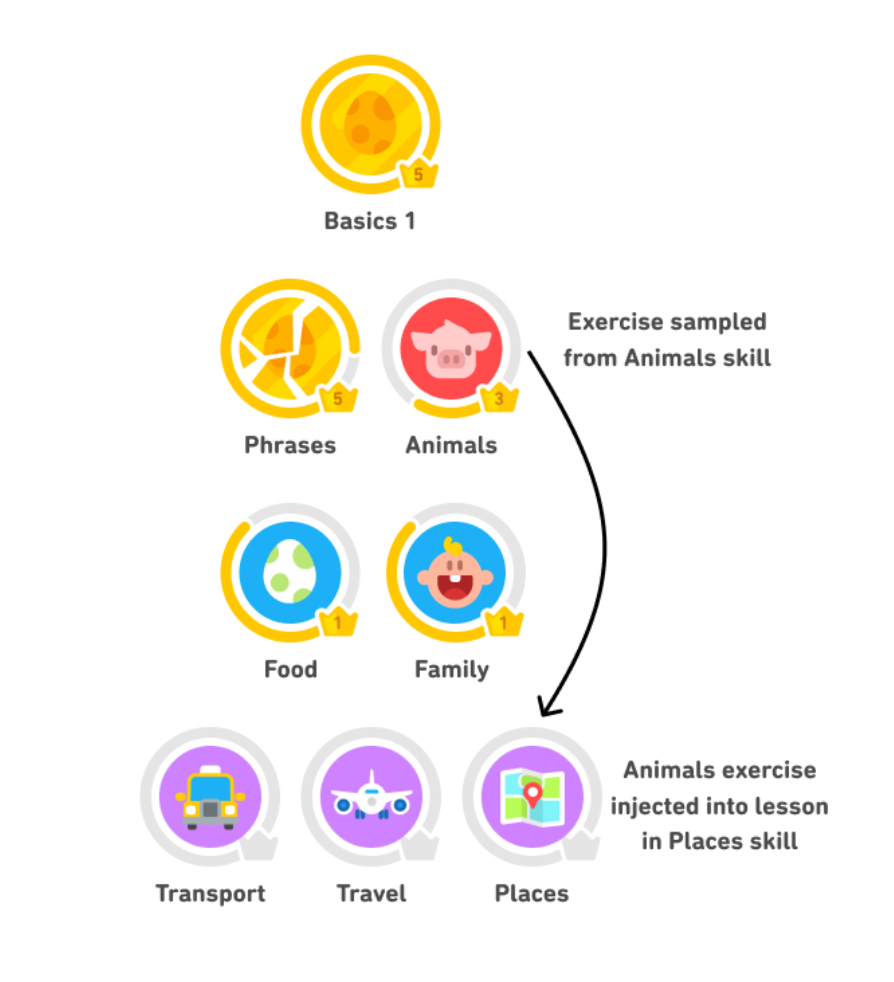 A Duolingo skill tree showing how a lesson is "sampled" to review in a later exercise.