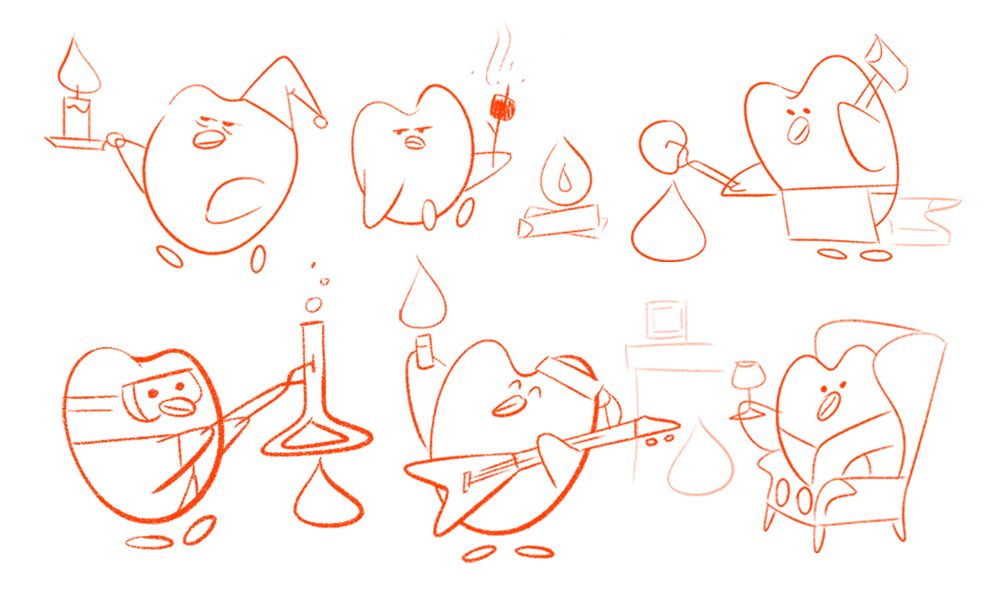 Sketches of the Duo owl interacting with flames in different ways. In one images, he's roasting a s'more, in another he's carrying a candle, in another he's working with a science lab beaker over an open flame.