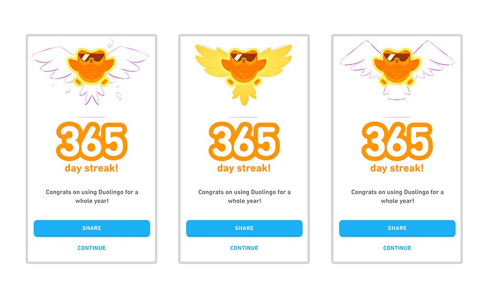Three versions of the Duolingo Owl becoming a rising phoenix with a flame surrounding him.