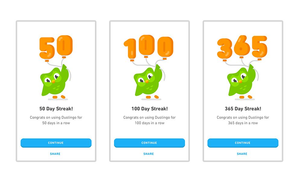 Duolingo Owl carrying balloons in the shape of the milestone the learner reached: 50 days, 100 days, 365 days.