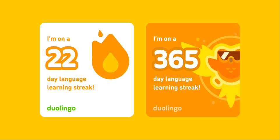 Square images that show the Duolingo owl with fire imagery and say "I just reached a streak!"