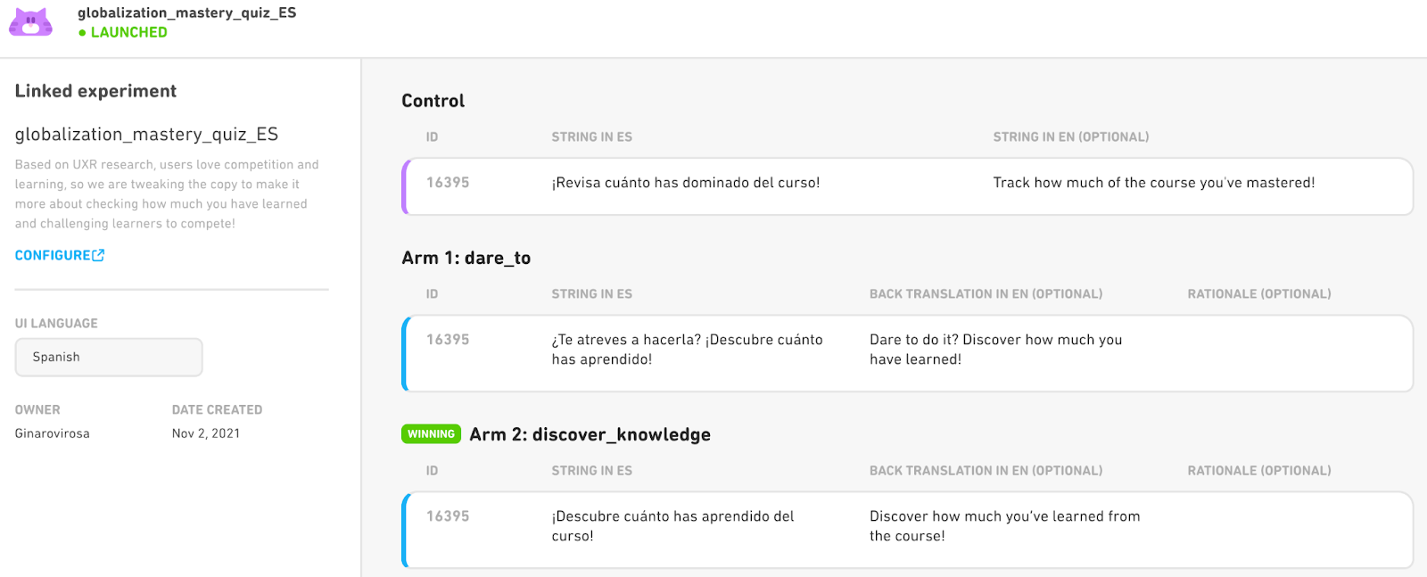 Un vistazo a la interface de Expurrimenter interface, que muestra dos experimentos diferentes en español.