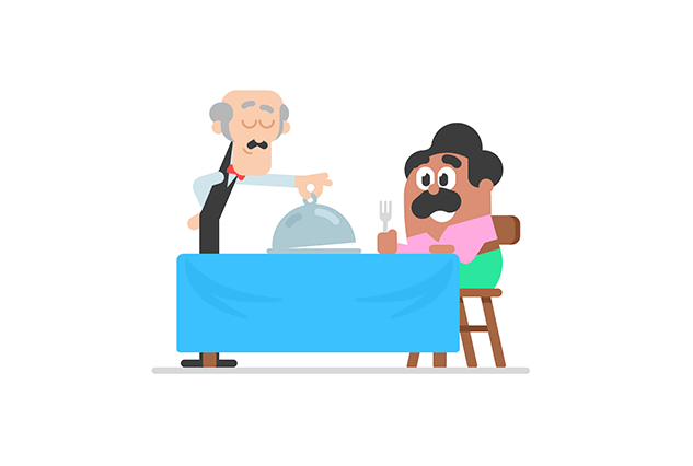 Duolingo character at a dinner table in a restaurant, a waiter arrives with a closed silver dish. The moving gif reveals an octopus under the lid that attacks the two characters.