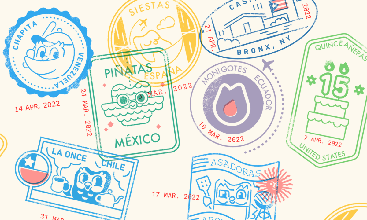An image with passport stamps that all name different customs of the Spanish-speaking world, and their country of origin. Stamps note piñatas from Mexico, chapitas from Venezuela, monigotes from Ecuador and la once from Chile.