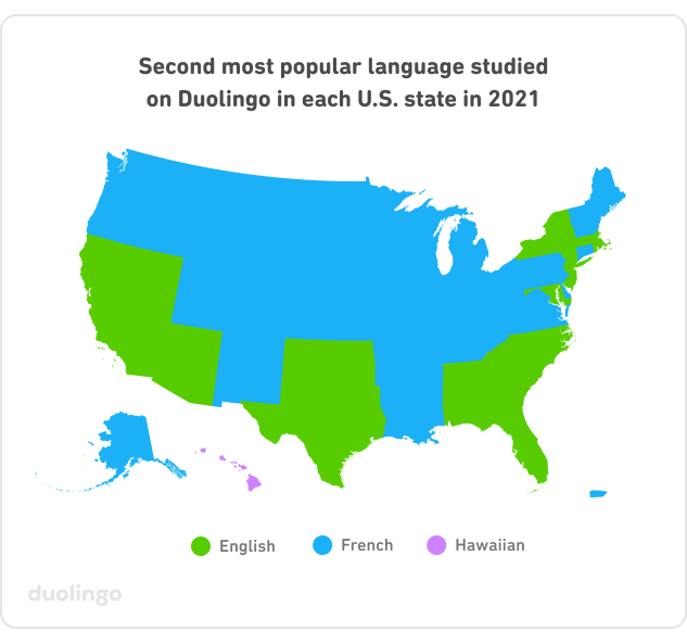 U.S. map of the second-most popular language to study in each state